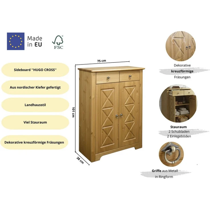 OTTO home Kommode Hugo (B/T/H: 74/38/100 cm), aus massiver Kiefer, Breite 74 cm, 2 Schubladen, FSC® zertifiziert – Bild 2