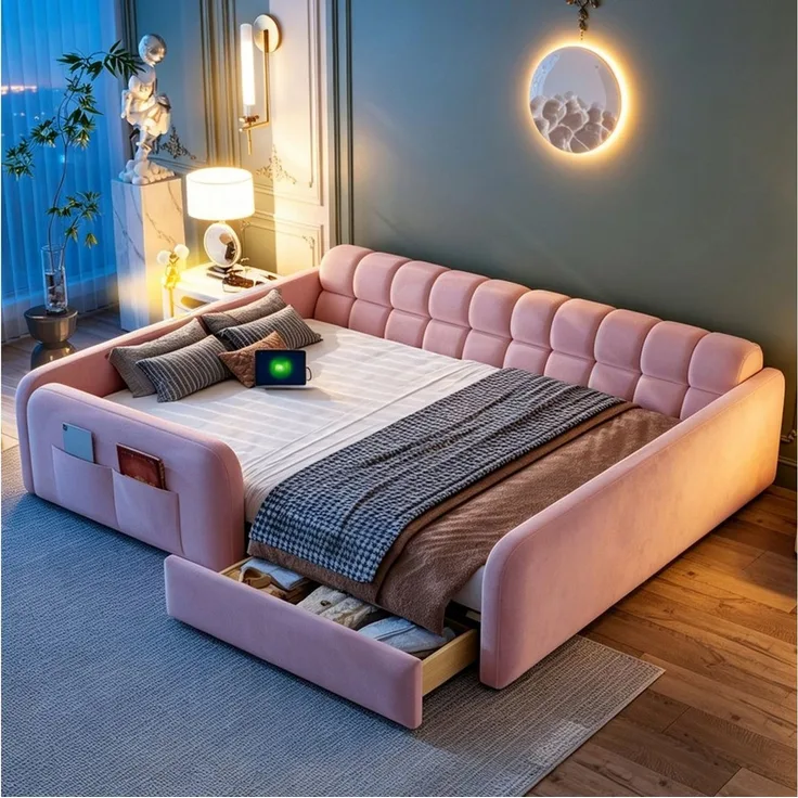 i@home Kinderbett Gepolstertes Kinderbett 140x200 cm Rosa, Samt Plattform Bettgestell (Sofa-Kopfteil,Kinderbett für Jungen- und Mädchenzimmer), mit hohe Sicherheitsgeländer,Ladeanschluss,Schublade & Nachtlicht