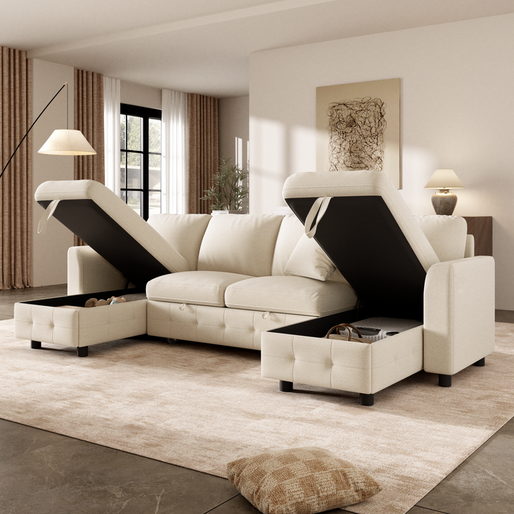Merax U-Form Chenille Sofa mit Schlaffunktion, Schlafsofa mit 2 Stauraum-Chaiselongues, ausziehbares Schlafsofa mit 1× USB & 1× Type-C Ladeanschluss, mit 2 Kissen, Beige, 260×128×82 cm – Bild 2