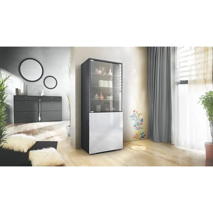 Vladon Standvitrine Granada (Vitrinenschrank, mit Glastür und Glaseinsatz) Anthrazit matt/Weiß Hochglanz (50 x 122,5 x 34,5 cm) – Bild 3