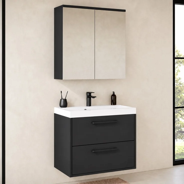 Badmöbel Komplettset Florence 60 x 35 cm Schwarz Matt - Badezimmermöbel mit Waschbecken und Spiegelschrank – Bild 2