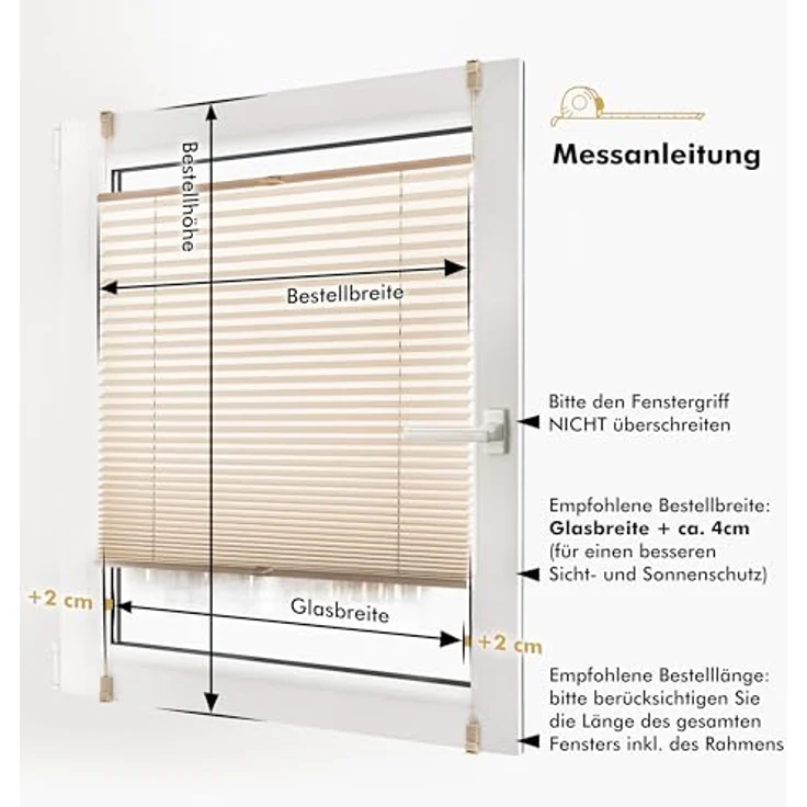 Sonello Plissee Klemmfix ohne Bohren 75cm x 220cm Beige Faltrollo Plisseerollo Jalousie für Tür & Fenster Blickdicht Sichtschutz Sonnenschutz Fertifplissee Rollo – Bild 3
