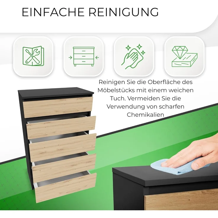 CDF Kommode Malwa M5 | Farbe: Anthrazit - Eiche Artisan | Schrank für Dokumente, Kleinigkeiten | Ideal für Wohnzimmer, Schlafzimmer, Kinderzimmer, Jugendzimmer und Büro | 5 geräumige Schubladen – Bild 6