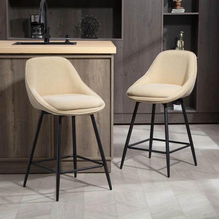 2er-Set Barhocker aus Cord, Barstühle mit geschwungener Rückenlehne, Fußstütze, 49 x 52 x 88 cm, beige – Bild 4