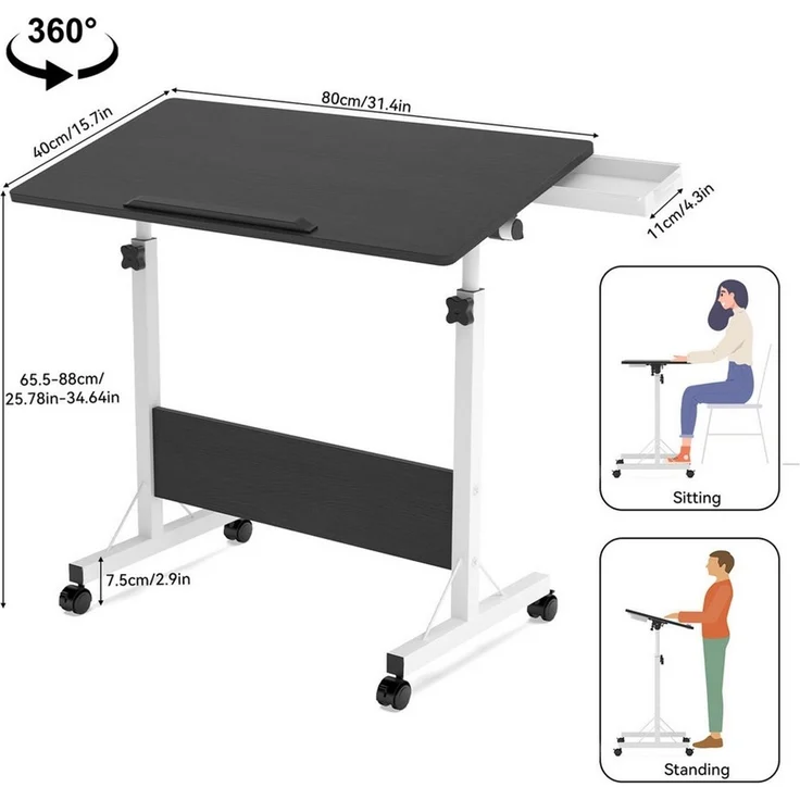 JEOBEST Computertisch Stehpult Höhenverstellbar Schreibtisch, Beistelltisch fürs Sofa, (Laptoptisch, 1-St) 180° Drehbaren Tischplatte, 4 Mobiler Rollen – Bild 3