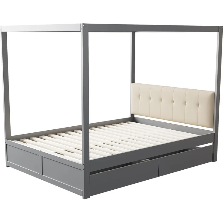 Himmelbett140*200 cm mit großen Schubladen und weicher Rückenlehne, Holz bett Grau – Bild 7