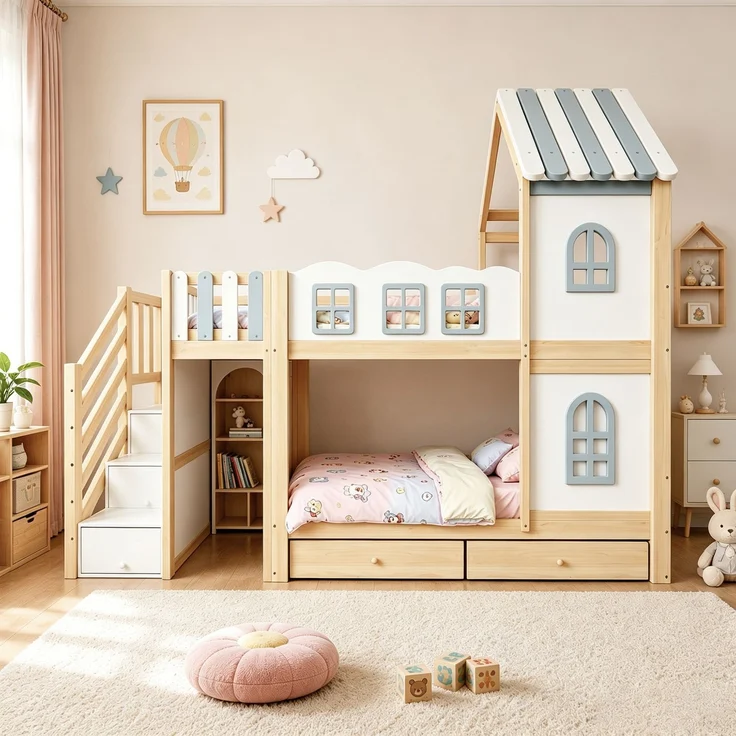 Merax Etagenbett 90 x 200 cm, Kinderbett, Jugendbett, Mit Bettgitter in Wolkenform, Dachkonstruktion Mit Fenstern, Stauraumleiter, Regalen und Schubladen, Kinderbett aus Holz, Weiß – Bild 3