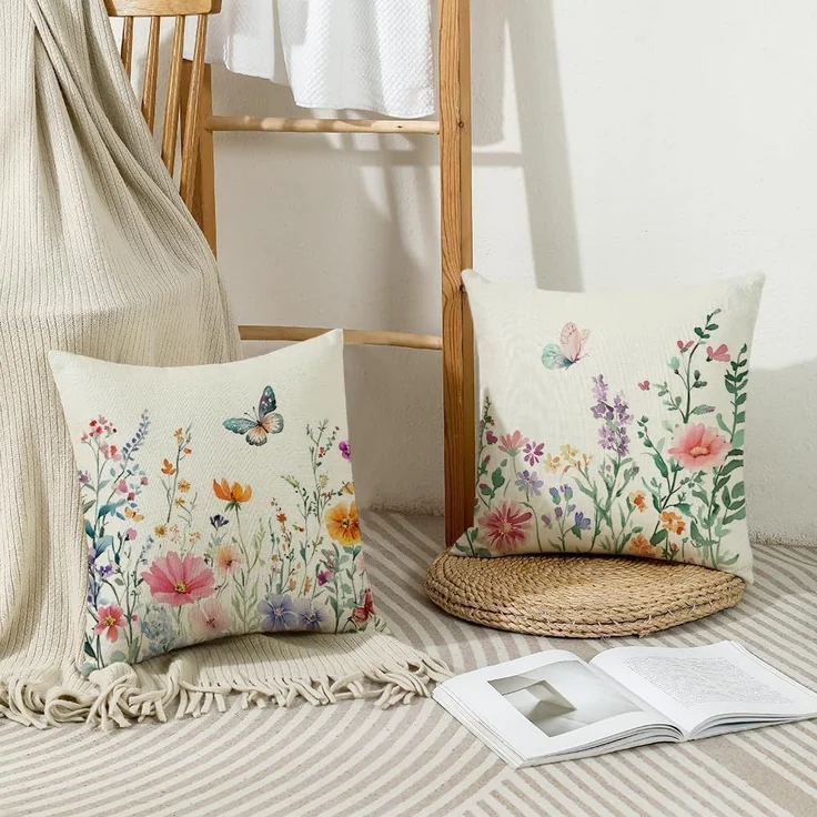 Kissenbezüge 45×45 cm 4er-Set Blumen & Schmetterling, Frühling/Sommer Farmhouse Sofa – Bild 4