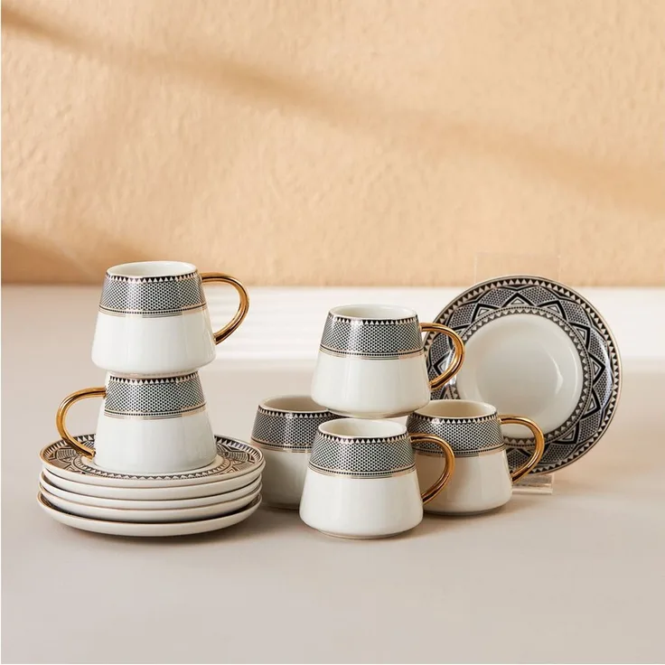 Karaca Kaffeeservice Karaca Globe 80 ml Kaffeetasse mit Untertasse Set 6 Personen, Schwarz