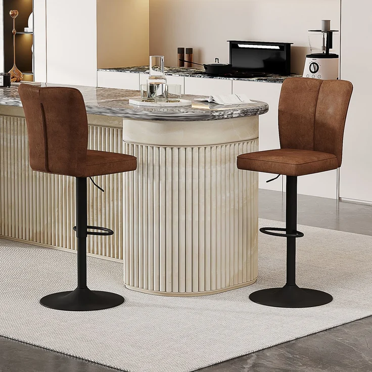 Höhenverstellbarer Barhocker im 2er-Set, 360° drehbar. Barhocker aus braunem, hochwertigem Technologie-Stoff mit schwarzen Metallbeinen. Geeignet für Kücheninseln. Verschiedene Farben erhältlich.--Braun + Schwarz--37x44x44.5cm--YOUDENOVA – Bild 9