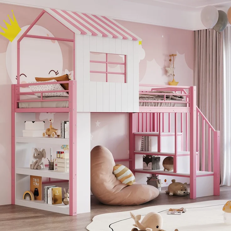 Merax Hochbett 90×200 cm, Kinderbett, Jugendbett, Hausdesign, Mehrstöckiges Stauraumregal, Sichere Treppe (montierbar links/rechts), Rosa – Bild 2