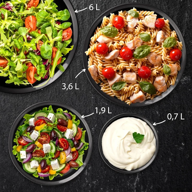 Hausfelder Salatschüssel Set groß, Schüsselset mit Deckel aus Kunststoff BPA-frei, Kunststoff, (Set, 21-tlg), Schüsseln 2x6 L, 2x3,6 L, 2x1,9 L, 2x0,7 L + 2 x Salatbesteck – Bild 3