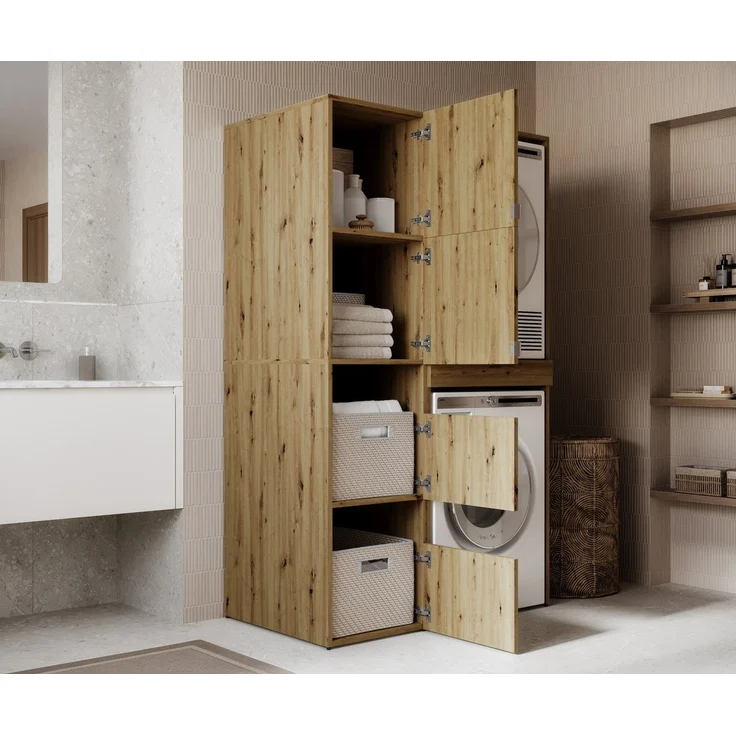 PLATAN ROOM Hochschrank Badschrank Waschmaschine Trockner Schrank Waschmaschinenschrank für Waschmaschine & Wäschetrockner Überbauschrank 187 x 65 x 45/66 cm Badregal (Eiche Artisan, 111 cm (45+66)) – Bild 4