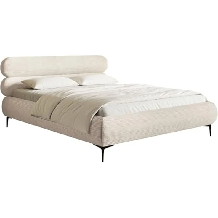 Selsey Polsterbett 140x200 cm Cord Hellbeige – Bett mit Stauraum und Bettkasten, gepolstertes Bett mit Lattenrost und Metallrahmen, Doppelbett Schlafzimmer mit schwarzen Füßen und Gasdruckfedern