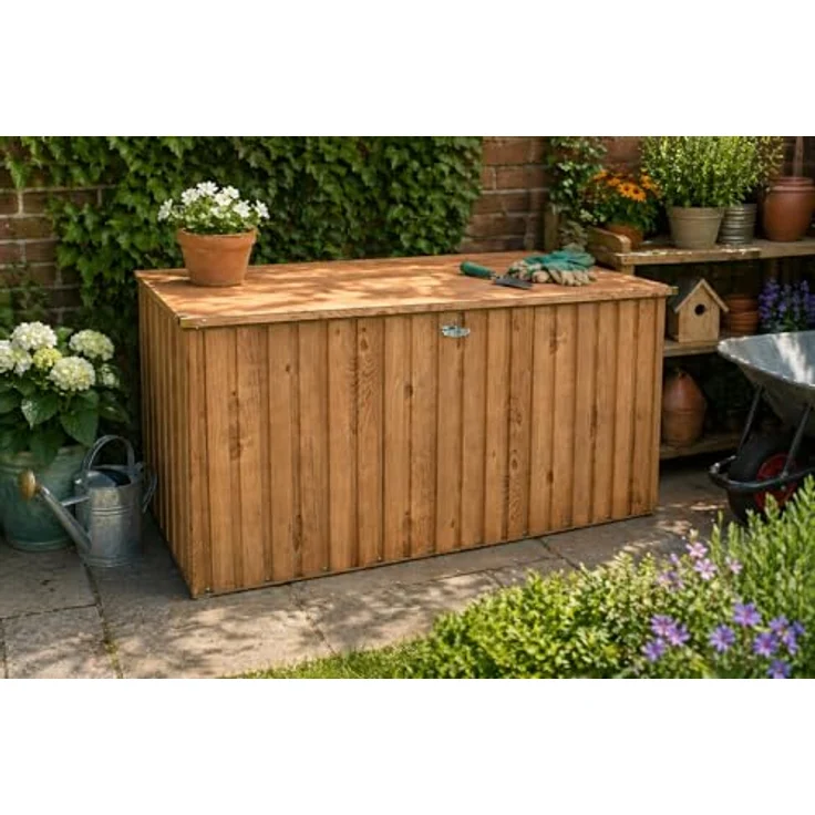 Duramax DH 1.9 (1450 L) Kissenbox aus Metall mit hydraulischer Gasdruckfeder und Vorhängeschlossöse, Terrassenbox und Gartenmöbelaufbewahrung für den Außenbereich, Holzmaserung – Bild 4