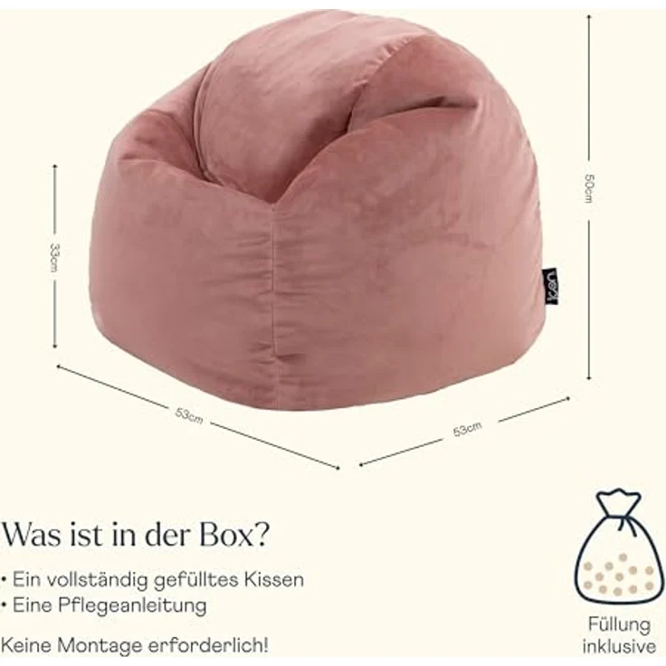 Icon Aurora Sitzsack Kinder, Rosa, Flauschiger Samtstoff, Sitzsack Samt mit Füllung, Bequemer Kinder Sessel, Kuschelsessel, Lese Sessel, Schlafzimmer, Kinderzimmer, Spielzimmer – Bild 3
