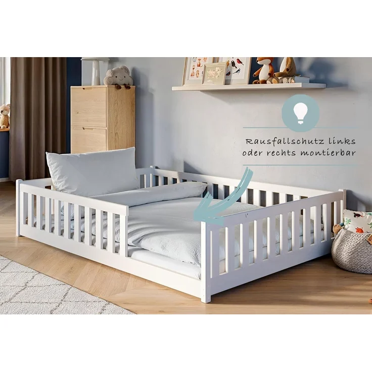 Kids Collective Montessori Bodenbett mit Rausfallschutz & Lattenrost, Massivholz weiß, 140x200 cm – Bild 5