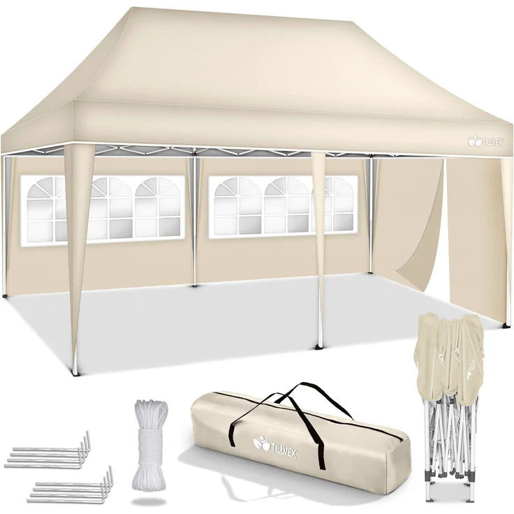 tillvex Pavillon 3x6m - mit 3 Seitenwänden Beige wasserdicht | Pop-Up Faltpavillon höhenverstellbar | Gartenzelt UV Schutz 50+ | Partyzelt mit Tasche für Garten – Bild 6