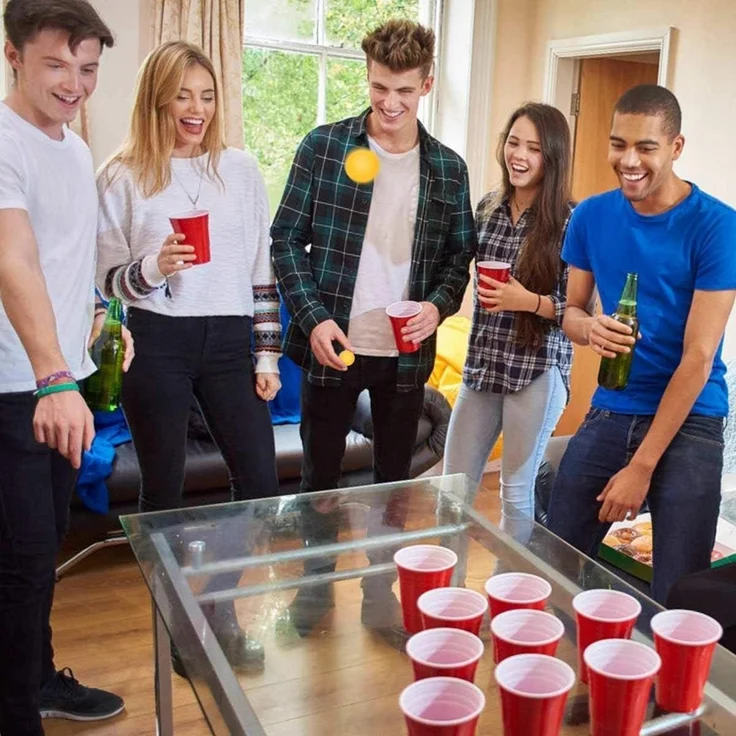 Beer Pong Becher Set mit 50 Bechern und 5 Bällen, Kunststoff rot / blau, 473 ml – Bild 6