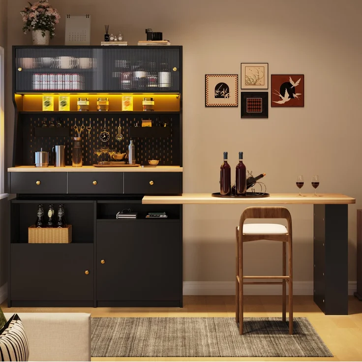 Hochschrank mit Schreibtisch, MDF und Glas, LED per App, USB-Anschluss, 137x74x177,7 cm, Schwarz – Bild 2