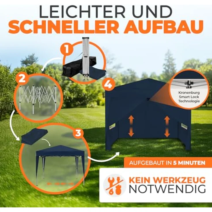 Kronenburg Faltpavillon wasserdicht Dachmaß 2x2 m UV Schutz 50+ Pavillon in Blau mit 4 Seitenteilen – Bild 5