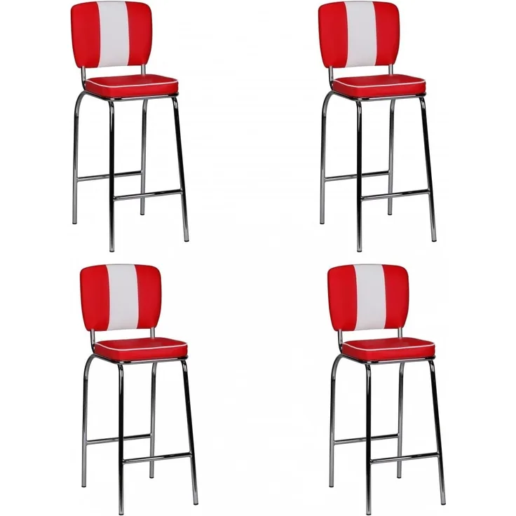 FineBuy 4er-Set 'American Diner' Barhocker mit Rücken-Lehne und Fußstütze, rot