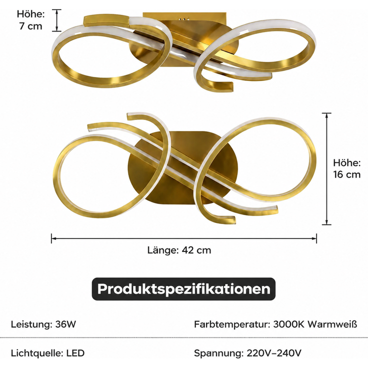 DELIPOP – LED – Deckenleuchte – Modernes Golddesign – 36 W, 3000 K – Deckenleuchte für Wohnzimmer, Schlafzimmer, Küche, Esszimmer – 42x16x7cm – Bild 4