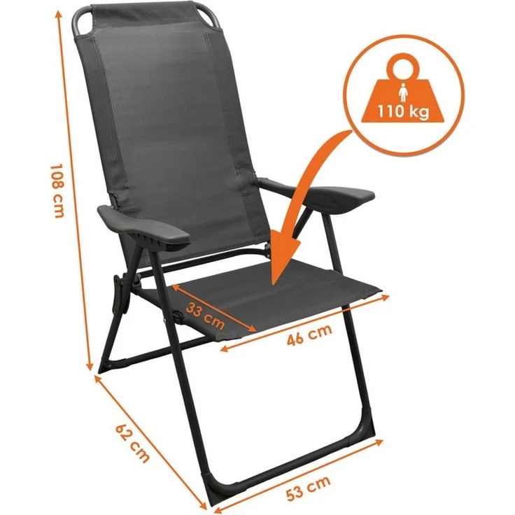 Spetebo Hochlehner Metall Garten Klappstuhl grau mit 5-fach verstellbarer Rückenlehne (108 x 62 cm, 1 St), Campingstuhl mit Textil Gewebe bis 110 kg belastbar – Bild 2