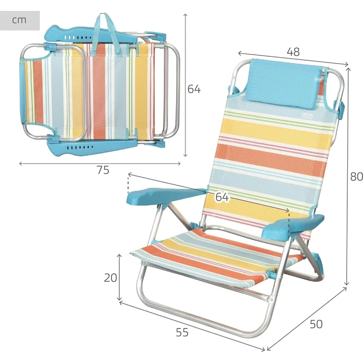 AKTIVE Santorini 62419 Strandstühle, zusammenklappbar, 47 x 49 x 82 cm, 7 Positionen, Aluminium und Textilene gestreift, Mehrfarbig, mit Kissen und Handgriffen, Modell Santorini – Bild 3