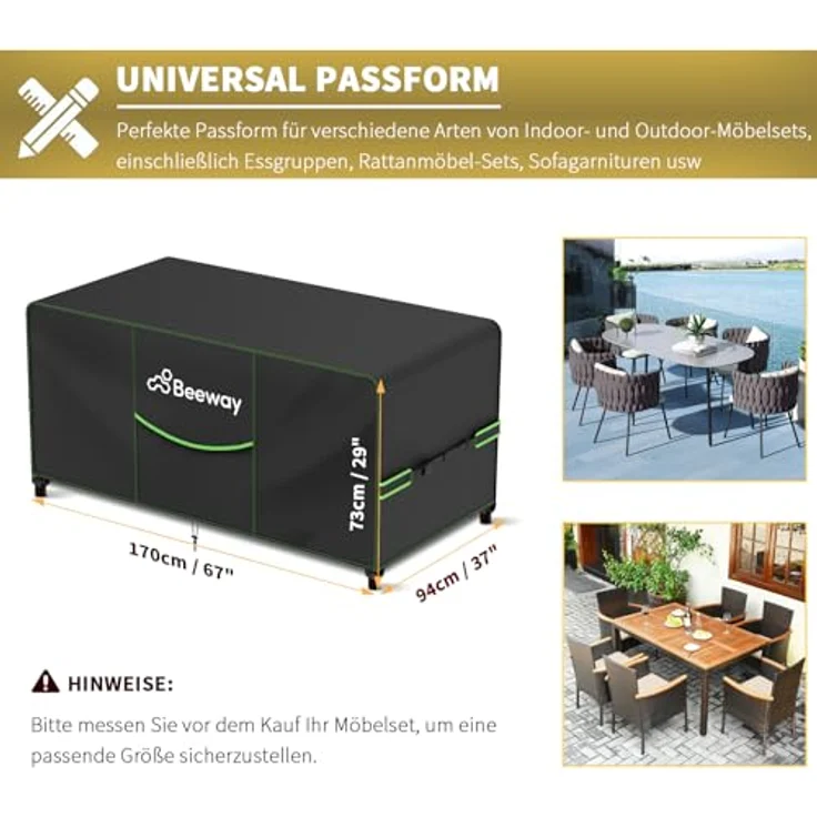 BEEWAY Gartenmöbel Abdeckung V2.0, Wasserdicht 170x94x73cm, Schutzhülle aus 420D Oxford-Gewebe, Anti-UV, winterfest, winddicht – Bild 2