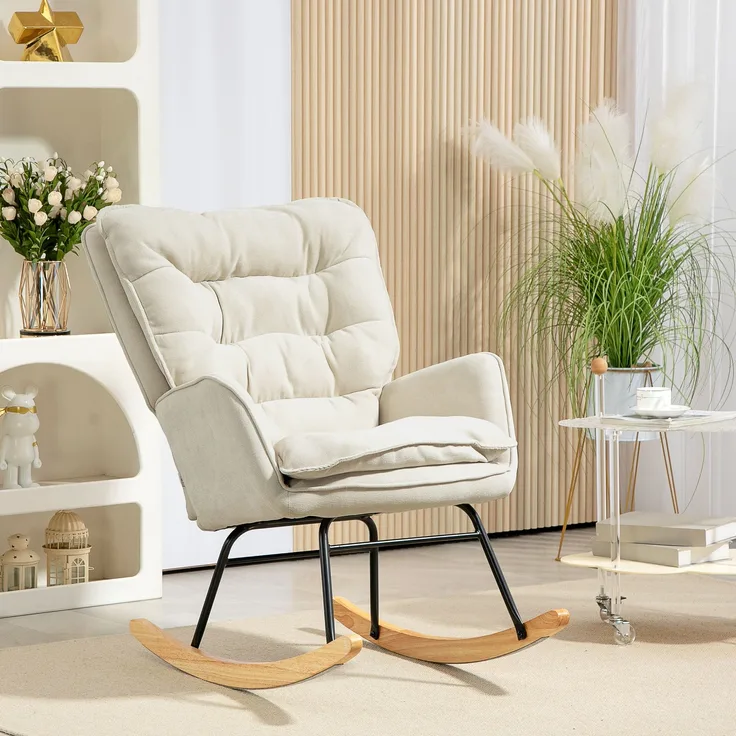 Schaukelstuhl mit Holzkufen Chenille Bezug Ergonomische Rückenlehne 120 kg Tragkraft Beige