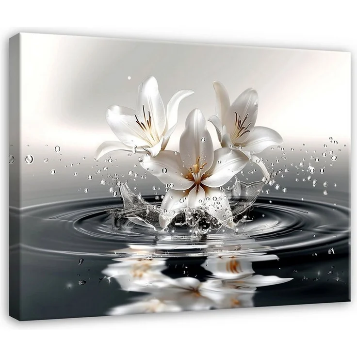 Wallarena Leinwandbild Lilien mit Wassertropfen in Grau für Wohnzimmer, Blumen (1 St), mit Holzrahmen Wandfertig montiert 40x30 cm – Bild 1