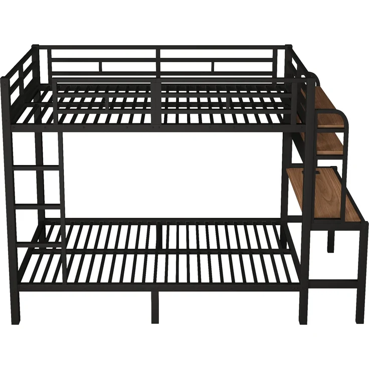 Etagenbett, 90x200 cm, Eisenrahmen, Ablagefach, Schreibtisch, mit LED-Lichtleiste, USB-Anschluss, Sicherheitsgeländer, Leiter, ohne Matratze, schwarz – Bild 9