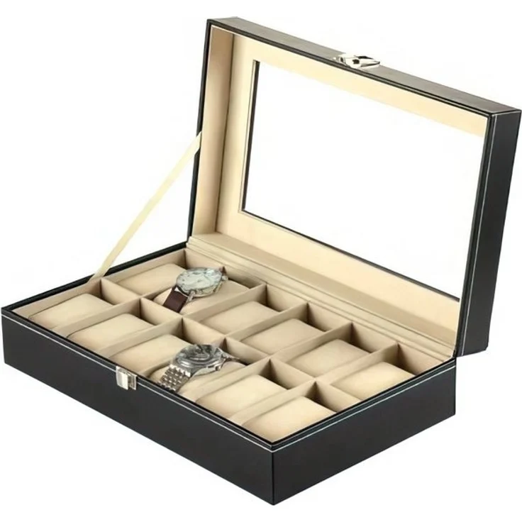 Sinoba Uhrenbox Uhrenkoffer Uhrenbox für Uhrensammlung in Leder-Optik Echtglas-Fenster – Bild 4