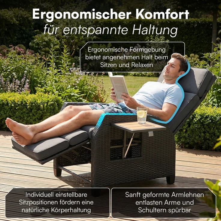STEELSØN 'Caelum' Polyrattan Sessel mit Liegefunktion, schwarz/Akazie, verstellbare Rückenlehne, inkl. Polster, Ausklapptisch, wetterfest – Bild 7