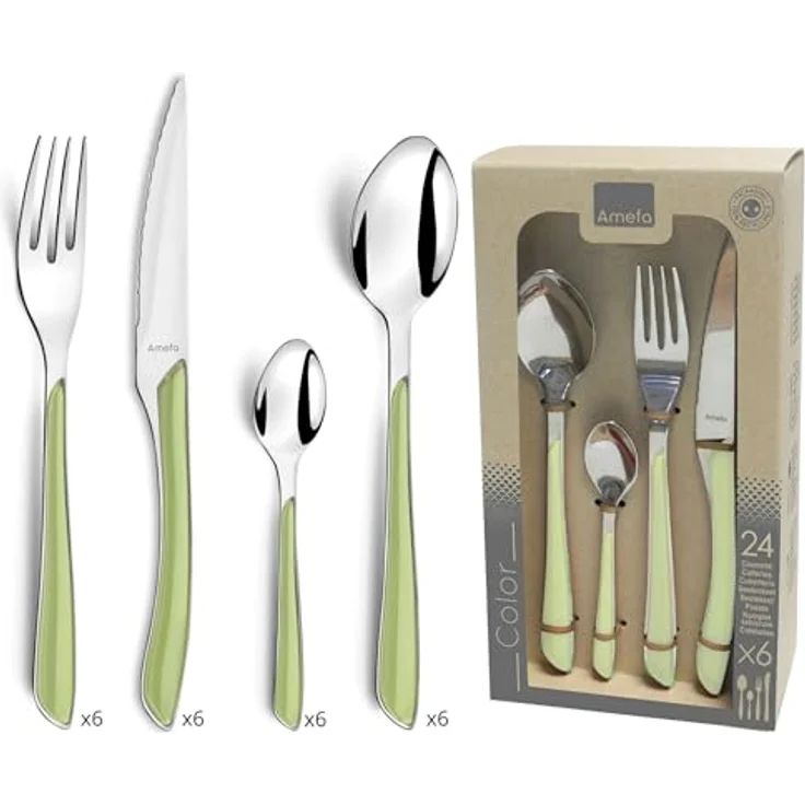 Amefa ECLAT Besteckset, 24-teilig, Besteck Set 6 Personen, Kunststoff Griffe in Pastellgrün, Spülmaschinenfest, Besteck aus rostfreiem Edelstahl – Bild 2