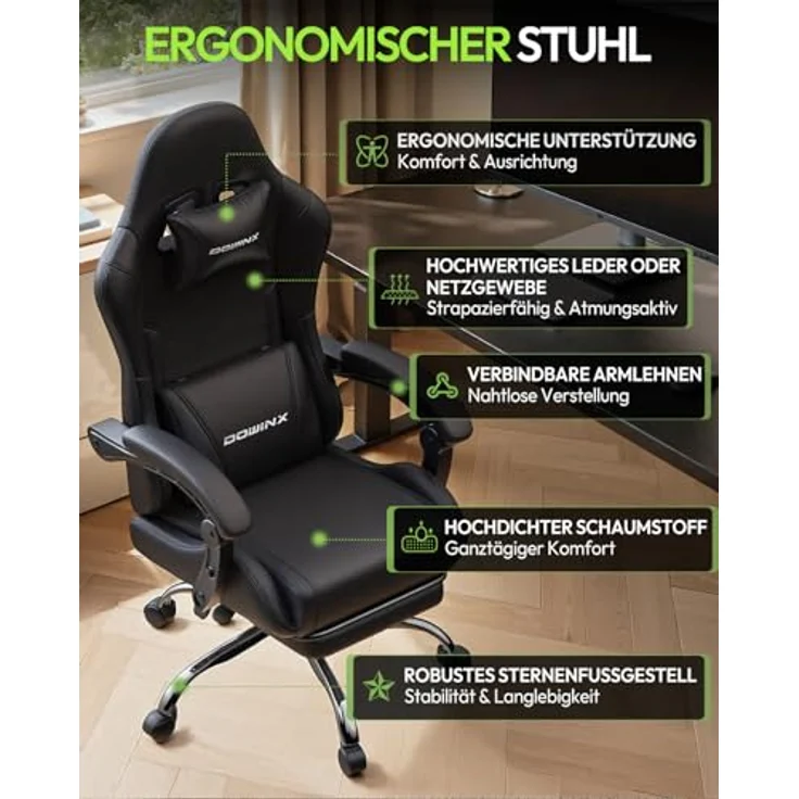 Dowinx Gaming Stuhl Bürostuhl Massage Gaming Sessel mit höhenverstellbaren Linkage-Armlehnen, ergonomischer Gamer Stuhl mit Fußstütze, gepolstert Gaming Chair 150° neigbar bis 180 kg, Schwarz – Bild 6