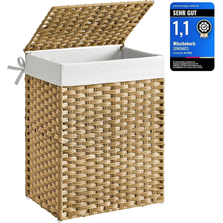 Songmics Wäschekorb handgeflochten, Rattan Naturfarben, 90L 46 x 33 x 60 cm