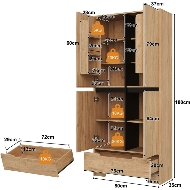 Küchenschrank 80 x 35 x 180 cm in Natur mit Schublade und verstellbaren Einlegeböden – Bild 5