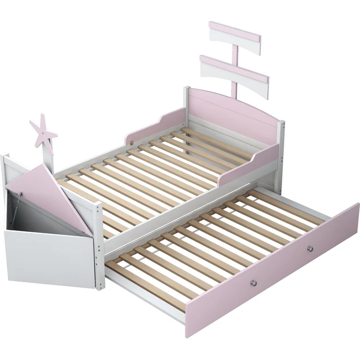 Schiffbett Rosa Mit Ausziehbett 90x200 Metall Konstruktion 120kg Tragkraft Kinderbett Bootsdesign Lattenrost Gästebett Mädchenzimmer – Bild 3