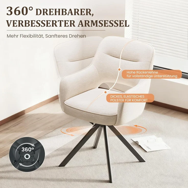 COLAMY Drehbare Esszimmerstühle 6er Set mit Armlehnen, Drehbare Polsterstühle für Küche & Esszimmer aus weichem Florstoff mit Metallgestell und Rückenlehne, für Esszimmer, Küche, Büro,Beige – Bild 6