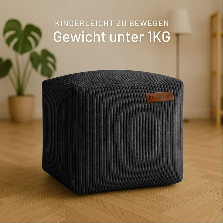 Green Bean Indoor Cord Sitzhocker Pouf Cube 40 x 40 x 40 cm mit EPS-Perlen Füllung - kuschelig weich waschbar - die ideale Ergänzung zum Sitzsack für Kinder & Erwachsene - Schwarz – Bild 2
