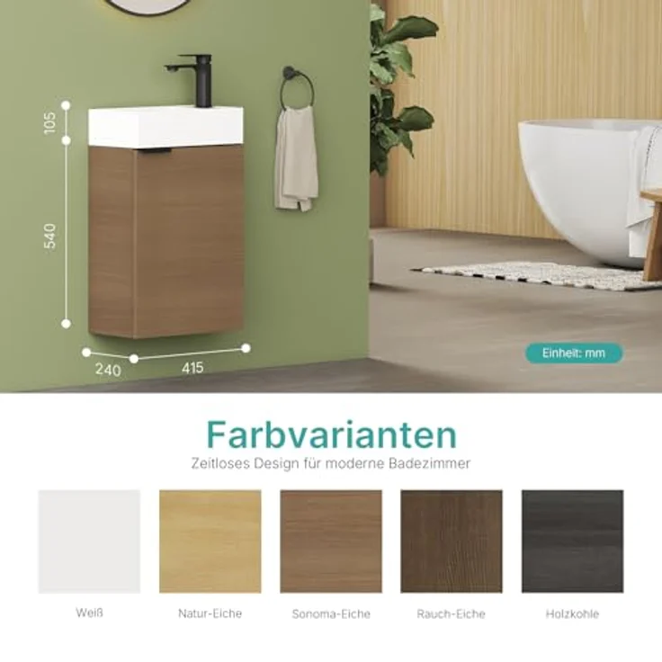 EMKE Waschbecken mit Unterschrank 41 cm, Kompaktes Waschtisch-Set mit Keramikbecken für Gäste-WC & kleines Bad, Waschtisch mit Unterschrank, Sonoma Eiche – Bild 7