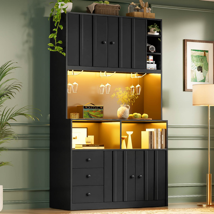 180 cm Küchenschrank, Hochschrank mit LED, Küchenregal mit Steckdose, Weinregal und Vitrine für Küche & Esszimmer--Schwarz--100x40x180cm--YOUDENOVA – Bild 2