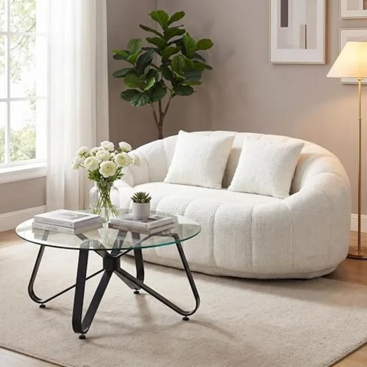 FurnitureR Sofa Set mit Couchtisch, Modernes 2-Sitzer Sofa aus Bouclé Stoff und Runder Glastisch 80 cm, Wohnzimmer Möbel Set im Skandinavischen Stil, Cremeweiß