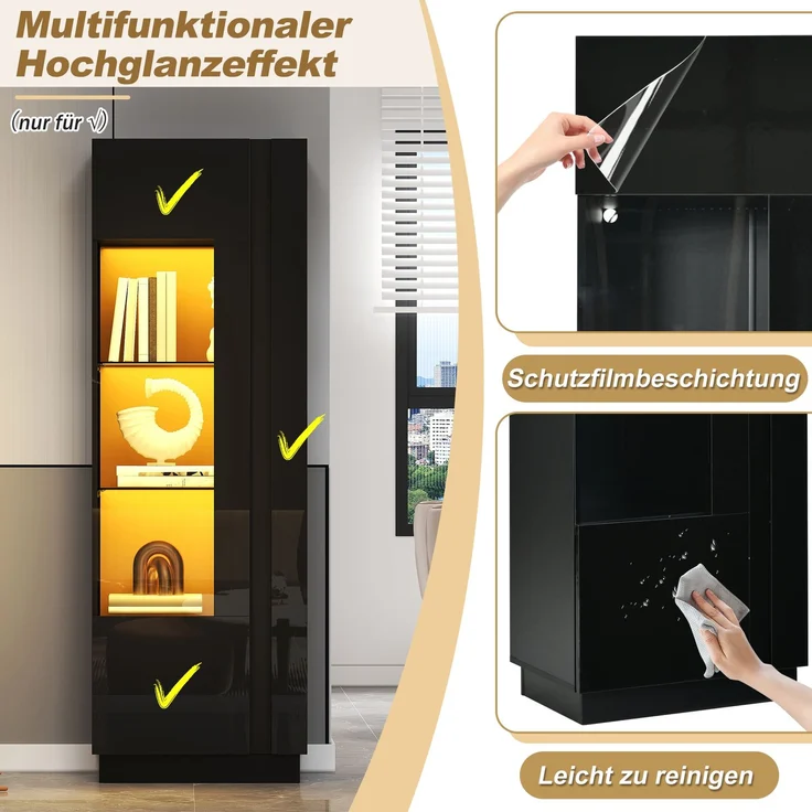 Vitrine 60 x 40 x 180 cm aus Spanplatte, mit Acrylglastür und LED-Beleuchtung, Schwarz – Bild 8