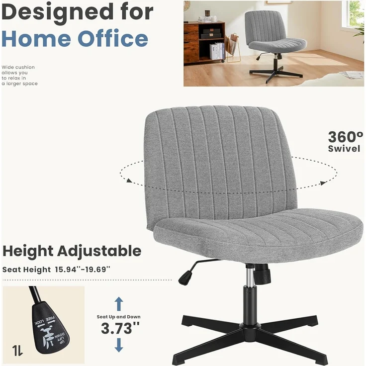 DUMOS Cross Legged Bürostuhl, Armloser Breiter Schreibtischstuhl Keine Räder, Moderner Home Office Schreibtisch Stuhl Swivel Verstellbarer Stoff Eitelkeit Stuhl – Bild 5