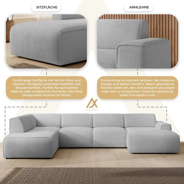 AX LIVING XXL Sofa U Form Didim Hellgrau 378cm breit modern & großzügig L – Bild 6