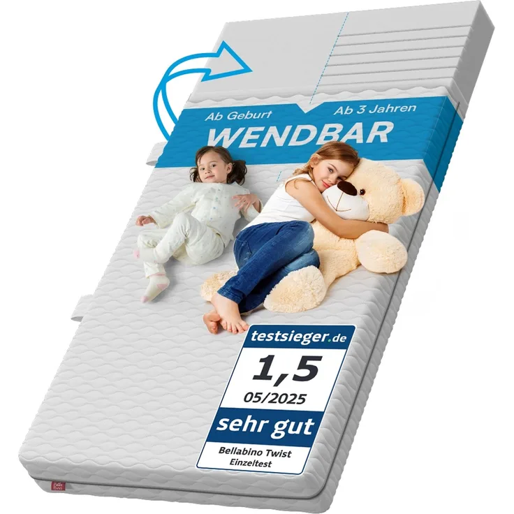 Bellabino 'Twist' Baby- und Kindermatratze 120x200 cm, Höhe 15 cm, Härtegrad H1/H2, wendbare 7-Zonen Kaltschaummatratze, abnehmbarer Bezug, Matratze für Kinder ab Geburt bis 13 Jahren
