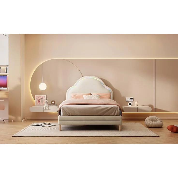 Ball & Cast Kinderbett (90x200 cm) mit Lichtstreifen und Weichen Schutzkanten, Polsterbett mit Wolkenartigem Kopfteil, Einfach & Zeitsparend Montierbar, Beige – Bild 2